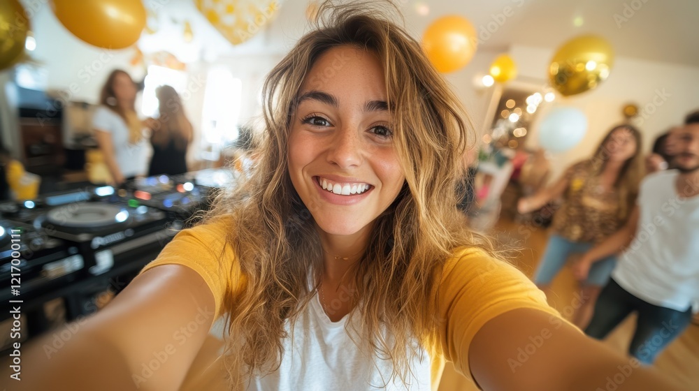 A smiling girl celebrates at a colorful party with friends, embodying joy and excitement in a vibrant atmosphere filled with music, laughter, and unforgettable memories. A smiling girl celebrates at a colorful party with friends, embodying joy and excitement in a vibrant atmosphere filled with music, laughter, and unforgettable memories.