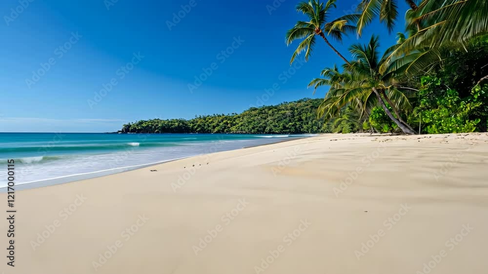 Serene Tropical Beach with Surfboard on Sand, Palm Trees, and Ocean Waves Serene Tropical Beach with Surfboard on Sand, Palm Trees, and Ocean Waves