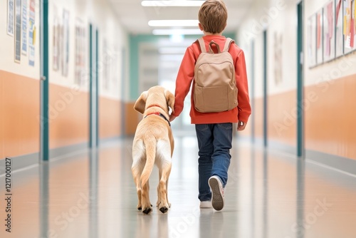 Guide dog helps visually impaired child navigate school hallway with confidence and support photo