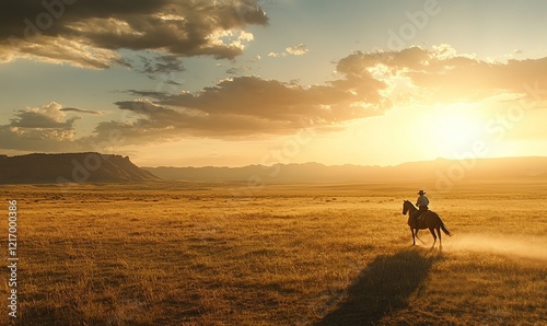 A cowboy riding his horse across the open plains, the sun setting behind him casting long shadows