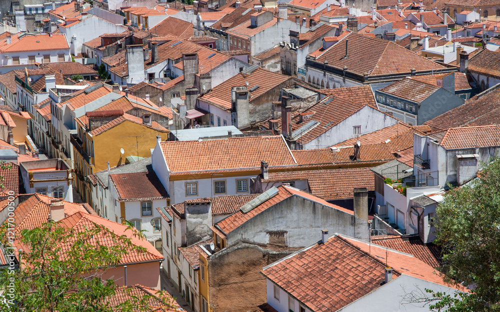 Aerial view cityscape Orange roofs of the houses in the center of Tomar Portugal Aerial view cityscape Orange roofs of the houses in the center of Tomar Portugal
