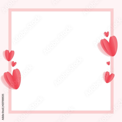 Simple video  witrh valentine's frame. Banner with frame and flying hearts in cut paper style. Frame for text. Hearts. Valentine's Day. Romance and love. Screensaver, advertising template, advertising photo