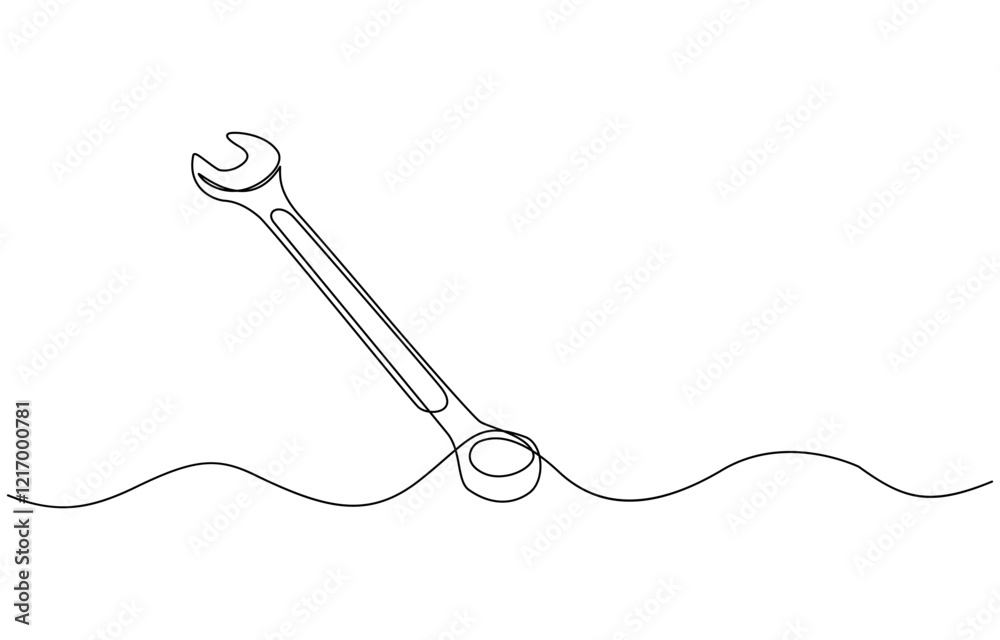 One mechanical wrench for nuts drawn in one continuous line drawing, Labor day wrench tools continuous one line drawing. One mechanical wrench for nuts drawn in one continuous line drawing, Labor day wrench tools continuous one line drawing.