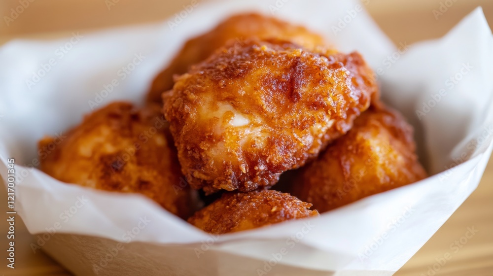 Crispy fried chicken pieces served in a paper basket on a wooden table, inviting and appetizing Crispy fried chicken pieces served in a paper basket on a wooden table, inviting and appetizing