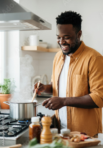 Smiling African American man cooking on stove in modern kitchen with steaming pot