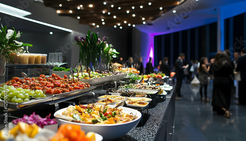 Buffet spread at a corporate event with diverse food options and attendees enjoying refreshments in a modern venue  -