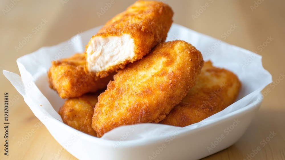 Crispy golden chicken nuggets served in a white bowl on a wooden table, showcasing a delicious meal Crispy golden chicken nuggets served in a white bowl on a wooden table, showcasing a delicious meal