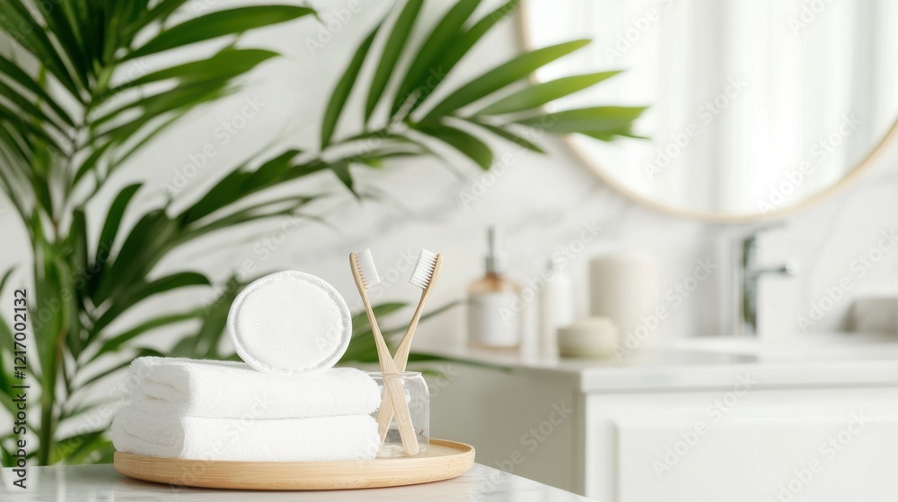 Natural Bathroom Oasis with Mirror and Greenery for Relaxing Spa Treatments and Self Care Natural Bathroom Oasis with Mirror and Greenery for Relaxing Spa Treatments and Self Care