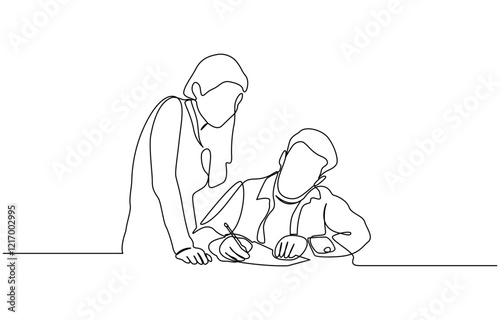 Continuous One Line Drawing of Business Group with  in Office woman and Man Working One Line Illustration, Business people group in continuous one line art drawing.