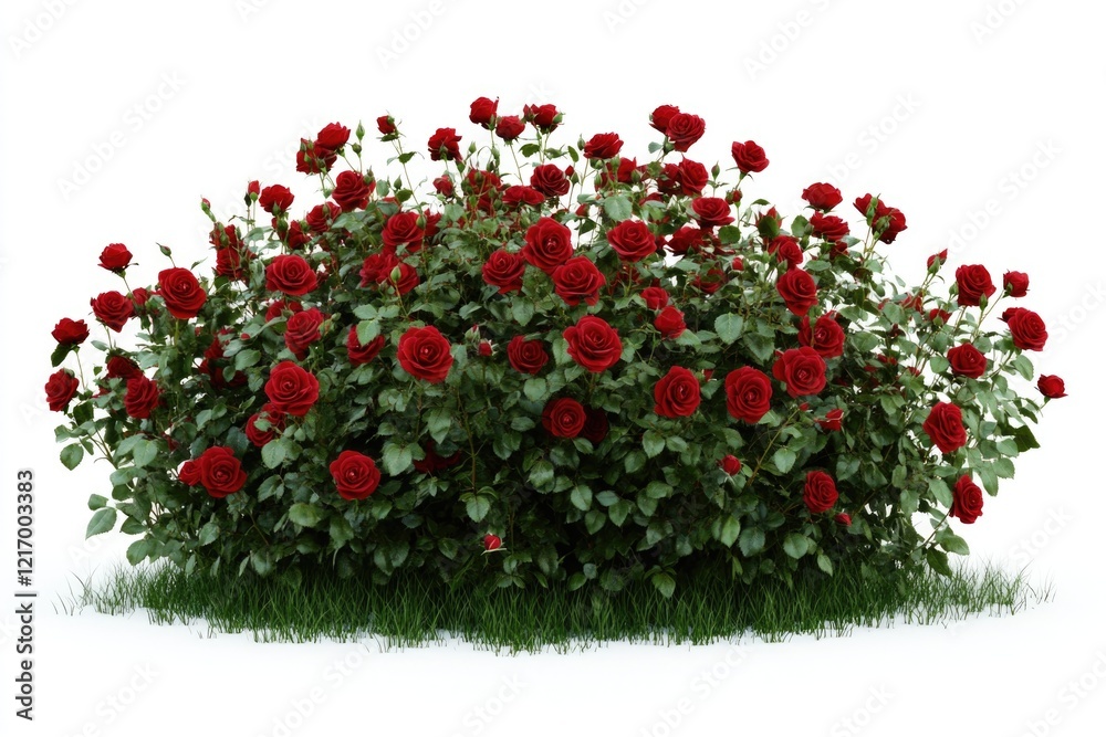 Fototapeta premium A dense cluster of bright red roses with lush green leaves