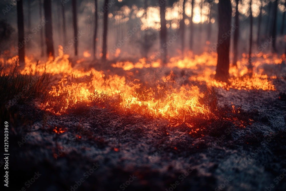 A burning fire in the middle of a forest, with flames and smoke visible A burning fire in the middle of a forest, with flames and smoke visible