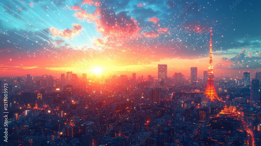 A captivating view of Tokyo's skyline during sunset, emphasizing the warm glow of the city lights and the silhouette of buildings, elevated by rich colors. A captivating view of Tokyo's skyline during sunset, emphasizing the warm glow of the city lights and the silhouette of buildings, elevated by rich colors.