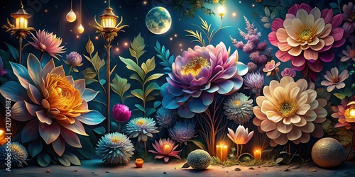 Night Blooming Floral 3D Wallpaper Photomural Background Design photo