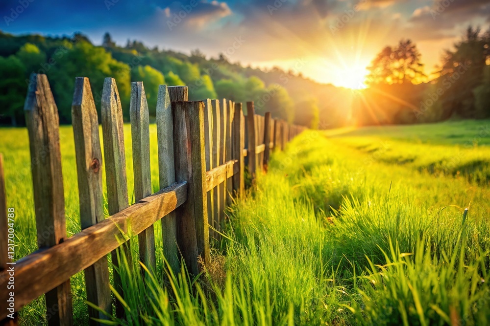 Obraz premium Rustic Wooden Fence and Lush Green Grass - Copy Space for Text