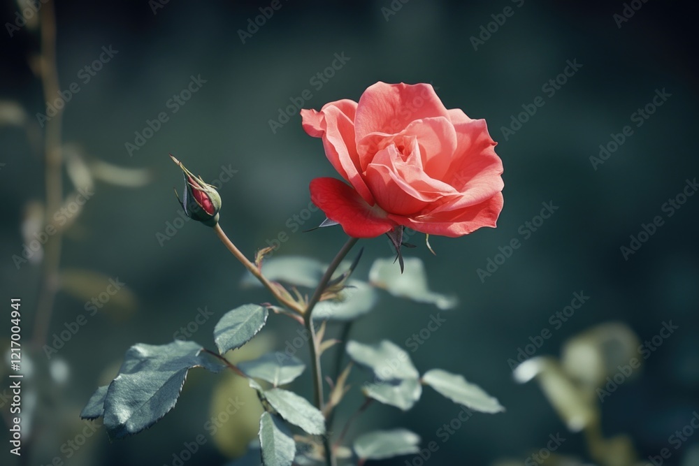 Obraz premium A single pink rose sits on a bed of lush green leaves, a symbol of love and beauty