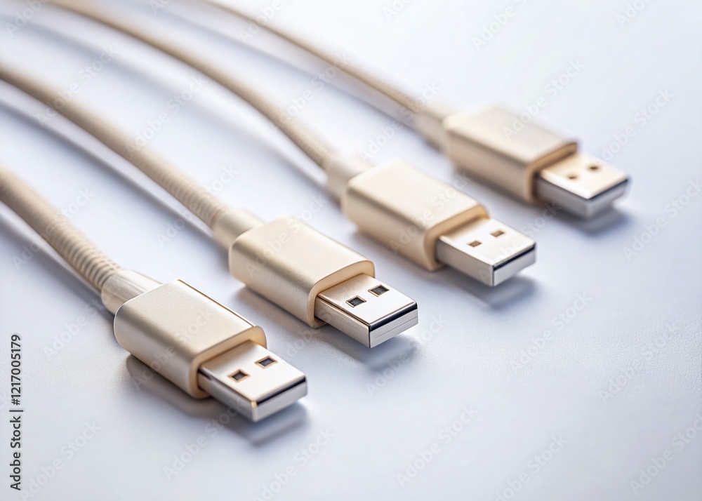 Minimalist Beige USB-C Cables Symmetrical Arrangement on White Background - Modern Tech Connectivity Minimalist Beige USB-C Cables Symmetrical Arrangement on White Background - Modern Tech Connectivity