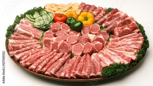 Colorful and Fresh Display of Assorted Meats and Vegetables on a Large Platter Perfect for Barbecue, Festivities, and Culinary Presentations photo