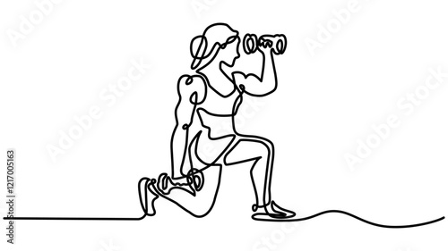 A woman lifts kettlebells in a continuous one line drawing. Female bodybuilder vector hand drawn silhouette clipart, Single continuous line drawing of young sportive man training up and down