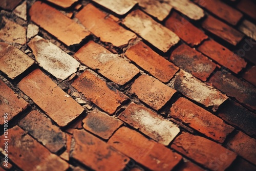 A close-up shot of a red brick wall with textured surface and slight imperfections photo