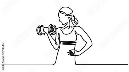 A woman lifts kettlebells in a continuous one line drawing. Female bodybuilder vector hand drawn silhouette clipart, Single continuous line drawing of young sportive man training up and down