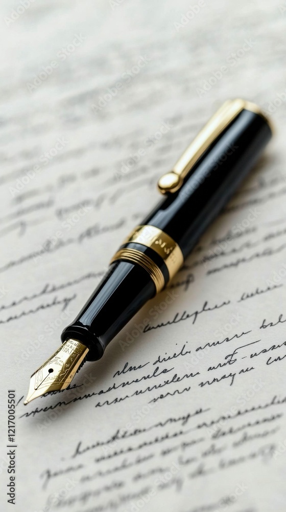 A fountain pen with a black and gold design rests elegantly on a handwritten document filled with cursive script, suggesting a classic and refined atmosphere. A fountain pen with a black and gold design rests elegantly on a handwritten document filled with cursive script, suggesting a classic and refined atmosphere.