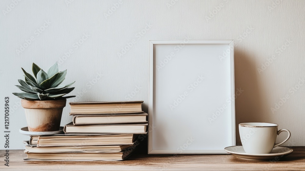 Fototapeta premium Serene Bookshelf Still Life: Minimalist Frame, Plant, and Coffee