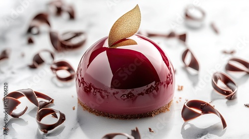 Glossy Red Dome Cake: Elegant Chocolate Garnish, Modern Pastry