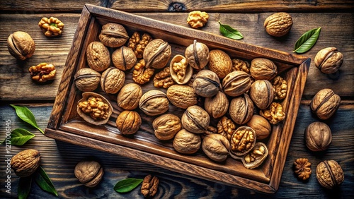 Top View Walnuts on Wooden Tray - Long Exposure Food Photography