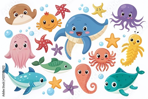 Minimalist Cartoon Sea Animals Clipart: Cute Ocean Creatures on White Background photo