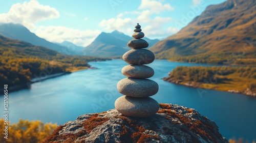 Balanced stone cairn standing on a rocky surface overlooking a pristine mountain lake, symbolizing mindfulness, balance, and harmony with nature