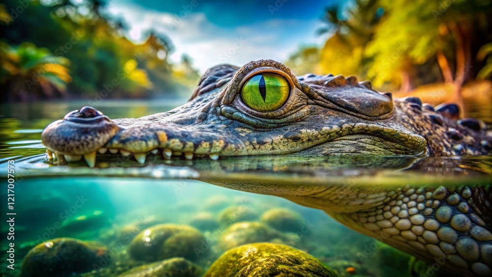 Fototapeta premium Minimalist Crocodile Portrait: Wild Reptile in Water