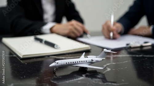 Business Executives finalizing private jet purchase with model on table
