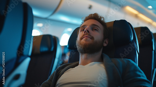 Man relaxing in an airplane seat during a flight, symbolizing comfort, modern travel, and in-flight tranquility.