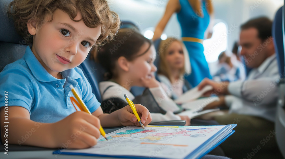 Child drawing with crayons on an airplane surrounded by family, symbolizing creativity and travel-friendly activities. Child drawing with crayons on an airplane surrounded by family, symbolizing creativity and travel-friendly activities.