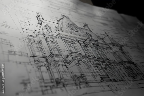 A monochrome technical illustration of a structure with a triangular roof, featuring a intricate pattern of lines and dots that resemble a three-dimensional model or technical plan photo