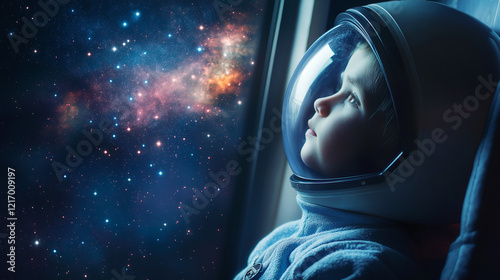 Child wearing a space helmet gazing at the stars through a spaceship window, symbolizing curiosity, exploration, and the wonder of space.