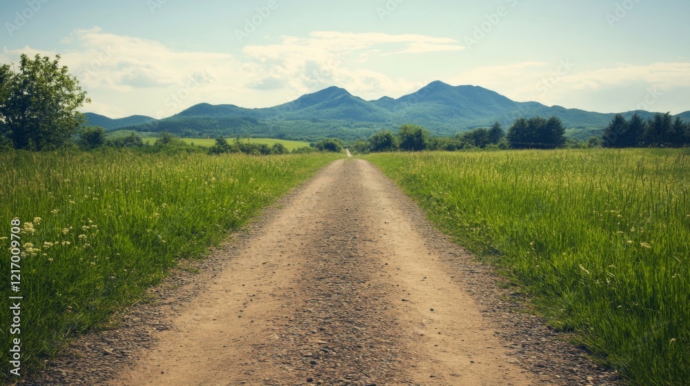 Serene dirt road leading through lush green fields towards distant mountains under a clear sky Serene dirt road leading through lush green fields towards distant mountains under a clear sky