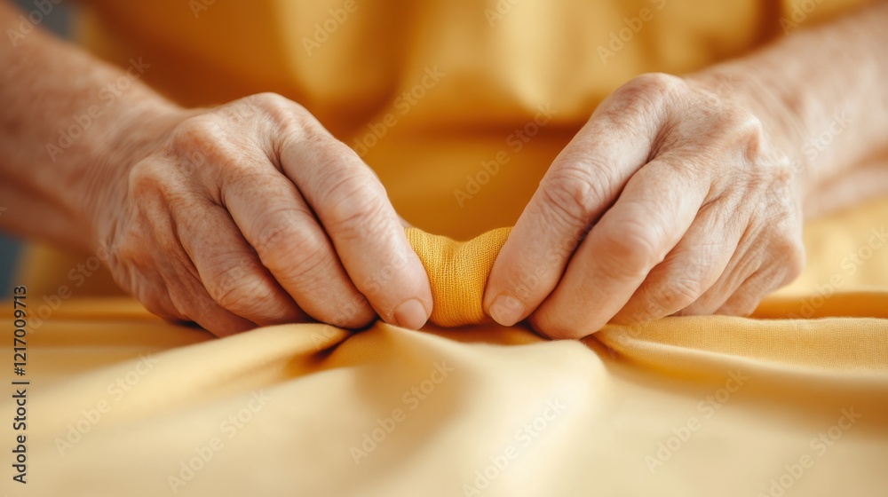 Close-up of two hands neatly folding yellow fabric, embodying the tactile elegance of craftsmanship and the beauty of handcrafted textiles in cozy environments. Close-up of two hands neatly folding yellow fabric, embodying the tactile elegance of craftsmanship and the beauty of handcrafted textiles in cozy environments.