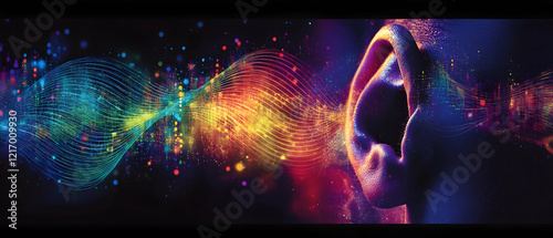 Close-up of an ear surrounded by colorful sound waves, symbolizing active listening and engagement  -