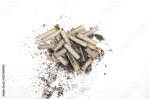 Close up white smoked cigarattes and burnt tobacco grains isolated on white background. Concept of harm of smoking. Free area for text photo