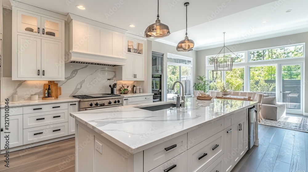 Elegant Modern Kitchen Featuring a Spacious Island and Expansive Window Allowing Natural Light to Fill the Room Creating a Bright and Inviting Culinary Space for Family Gatherings Elegant Modern Kitchen Featuring a Spacious Island and Expansive Window Allowing Natural Light to Fill the Room Creating a Bright and Inviting Culinary Space for Family Gatherings