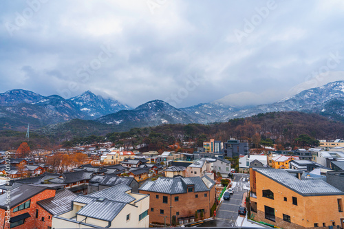 Photography Seoul, South Korea Aerial and Winter View of Eunpyeong Hanok Village Houses