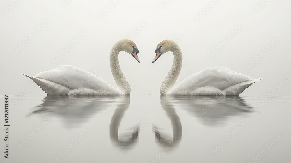 Two elegant white swans facing each other in still water, forming a heart shape with their necks, reflecting serenity, love, and minimalistic beauty in soft foggy atmosphere. Two elegant white swans facing each other in still water, forming a heart shape with their necks, reflecting serenity, love, and minimalistic beauty in soft foggy atmosphere.