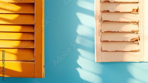 An aesthetically pleasing composition of old wooden shutters in contrasting colors against a vibrant blue wall, highlighting artistic renovation and design.