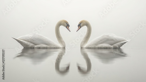  Two elegant white swans facing each other in still water, forming a heart shape with their necks, reflecting serenity, love, and minimalistic beauty in soft foggy atmosphere.