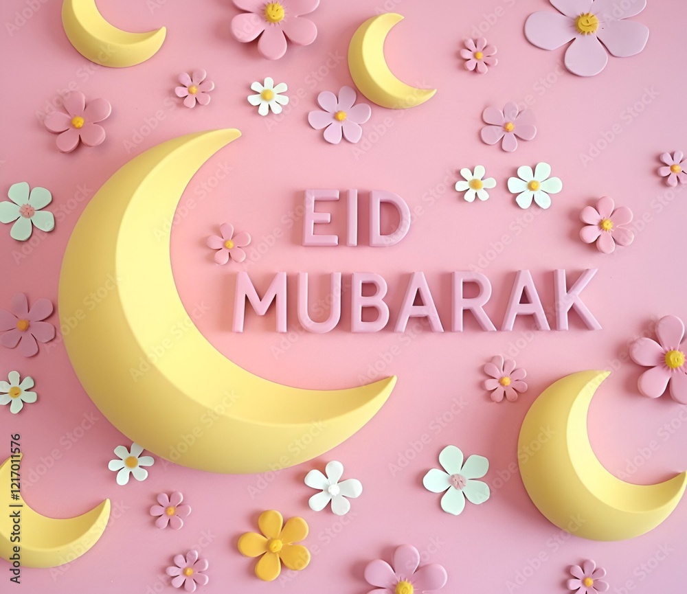 Eid Mubarak Greeting card background with Decorative Cute Flower Crescent and Islamic ornaments