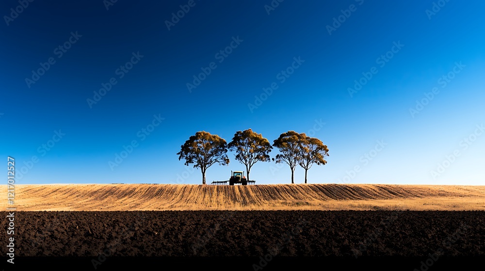 Obraz premium Tractor plowing field, three trees, clear sky, rural landscape, agricultural image