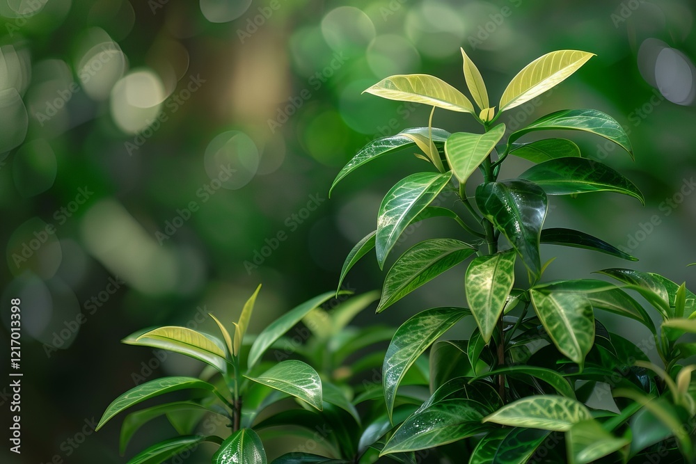 Fototapeta premium Close up of vibrant green leaves thriving in a tropical rainforest, capturing the essence of nature's beauty