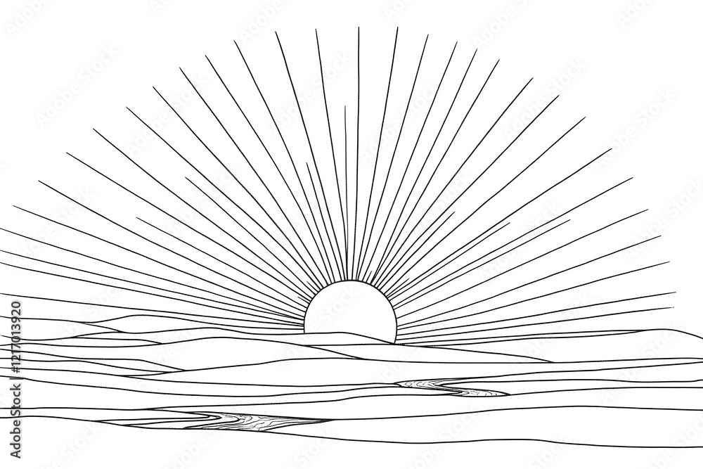Obraz premium Sunrise Over Rolling Hills: A Simple Line Art Drawing Tutorial