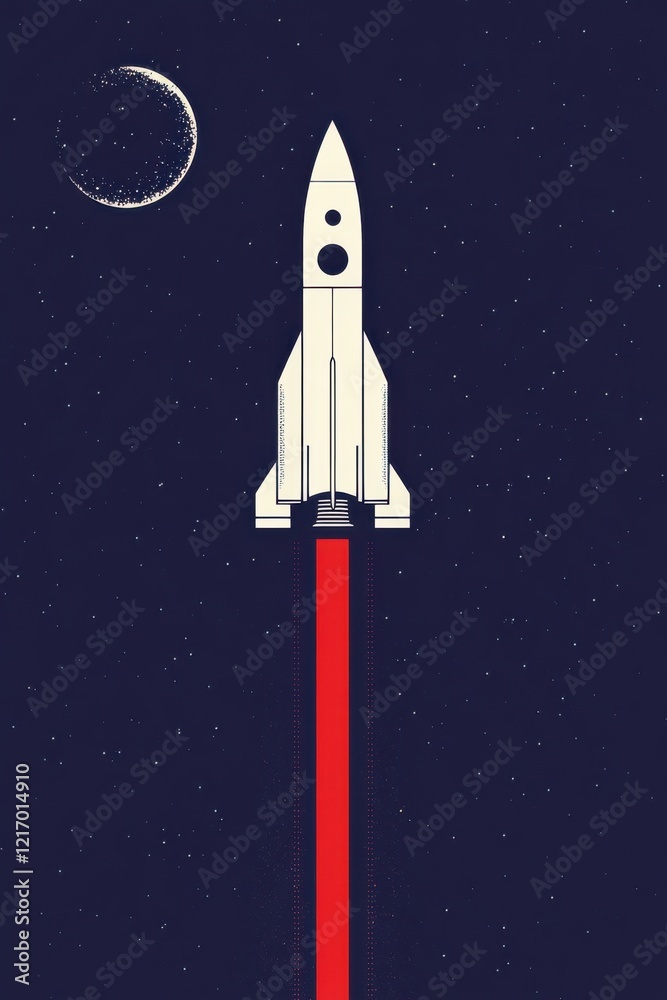 Obraz premium An illustration of a rocket launching up into the starry night sky, with a crescent moon visible. The background is a deep purple, giving a sense of adventure.